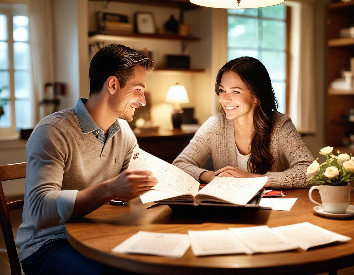 A warm-hearted scene illustrating a couple sitting at a cozy table, reviewing insurance documents together with smiles, surrounded by affectionate symbols like hearts and shields representing love and security. Soft lighting creates an intimate atmosphere, while a calendar in the background shows important relationship dates. super-realistic. warm colors. soft focus.