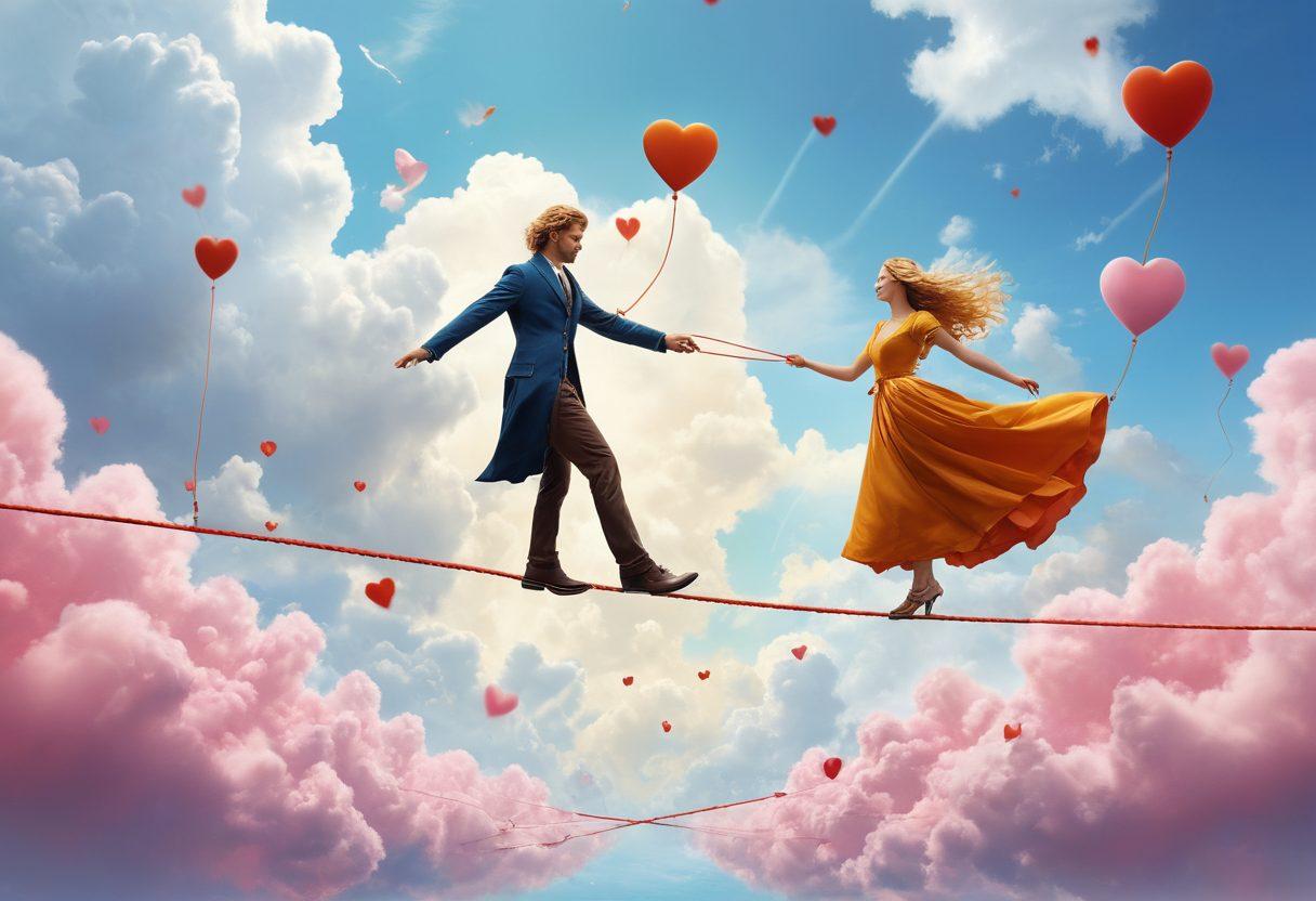 A couple joyfully balancing on a tightrope surrounded by hearts and insurance symbols, showcasing the delicate dance between romance and safety. The backdrop features an abstract mix of vibrant colors representing love and caution. Include a whimsical vibe with elements like floating clouds and golden locks as metaphors for protection. super-realistic. vibrant colors. white background.